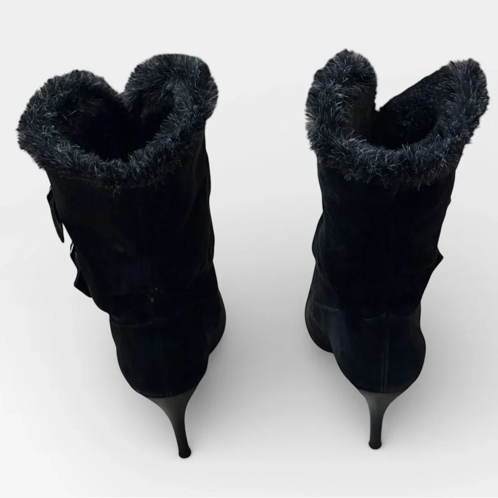 Colin Stuart Sz 8 1/2‎ Black suede faux Fur-Lined Women's stiletto Boots pointed